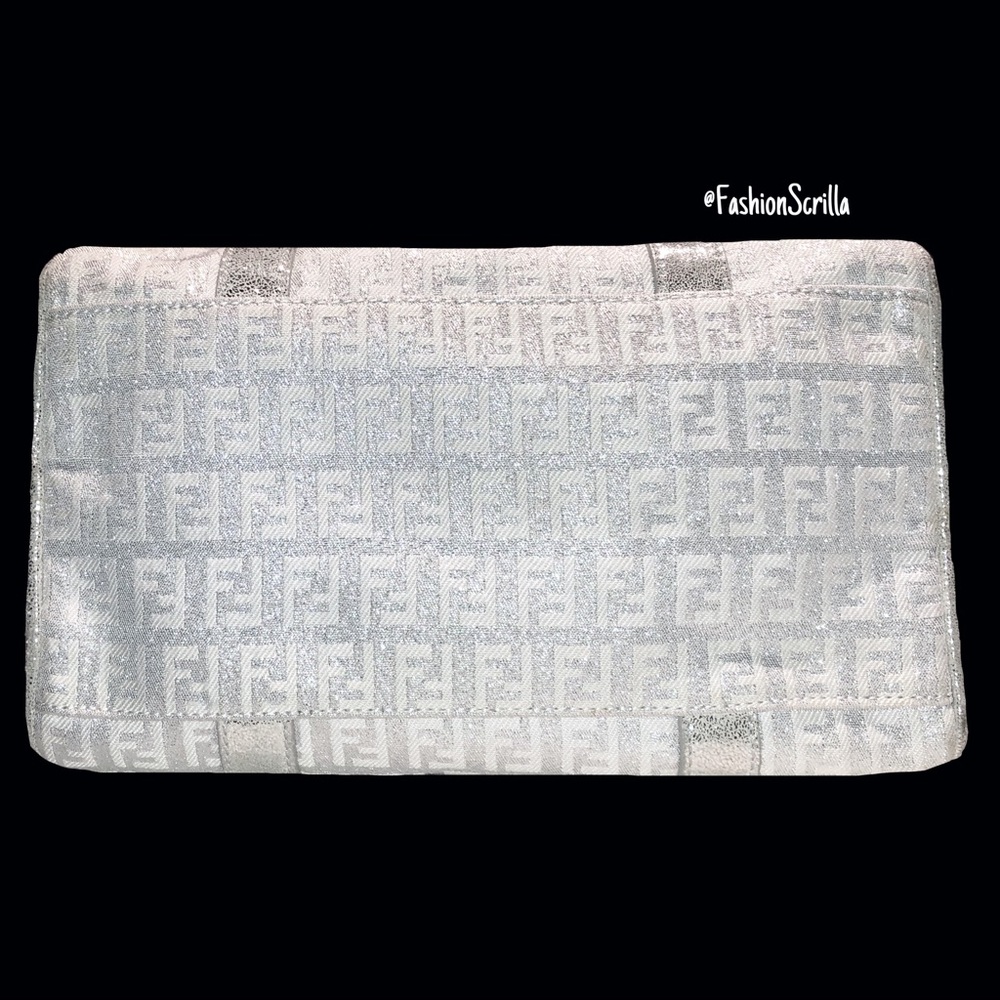 FENDI Vintage Metallic Silver - White Monogram Canvas Forever Bauletto Handbag - Picture 8 of 13
